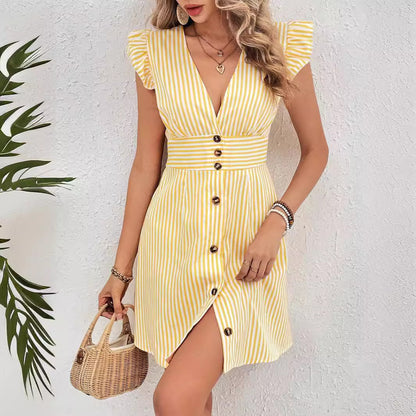 Vestido camisero de verano con escote en V, botonadura sencilla y mangas abullonadas con estampado de rayas, estilo playero