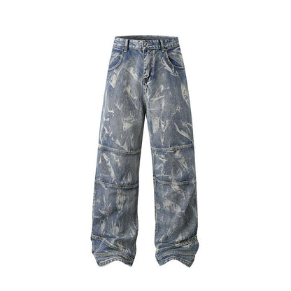 Street Fashion Hip Hop Inkjet Washed Distressed Stitching Straight Jeans