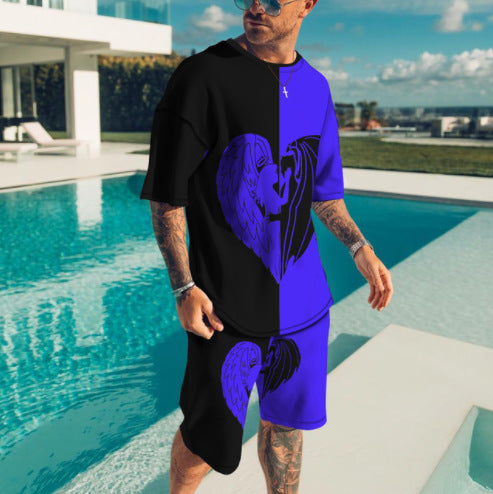 Men's Casual 3D Printed Round Neck Short Sleeve Shorts Suit