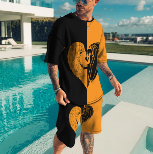 Men's Casual 3D Printed Round Neck Short Sleeve Shorts Suit