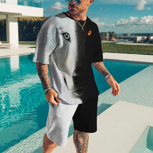 Men's Casual 3D Printed Round Neck Short Sleeve Shorts Suit