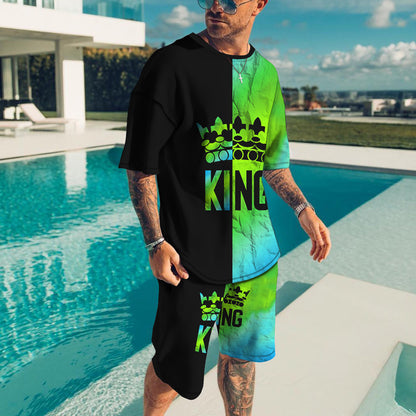 Men's Casual 3D Printed Round Neck Short Sleeve Shorts Suit