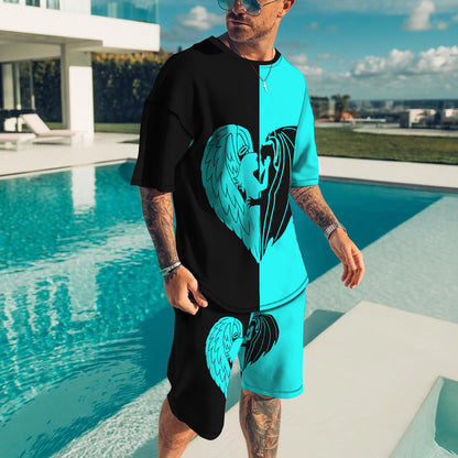 Men's Casual 3D Printed Round Neck Short Sleeve Shorts Suit