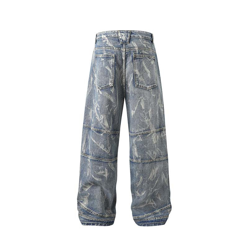 Street Fashion Hip Hop Inkjet Washed Distressed Stitching Straight Jeans