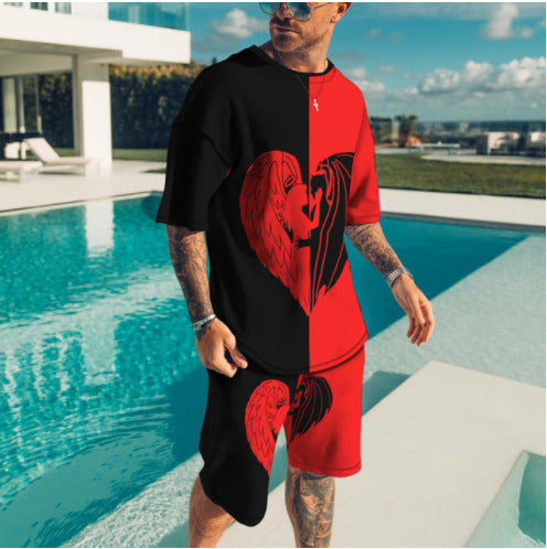 Men's Casual 3D Printed Round Neck Short Sleeve Shorts Suit