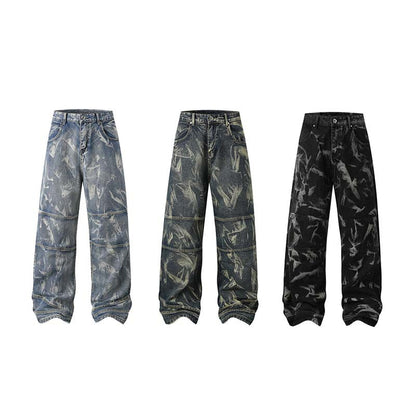 Street Fashion Hip Hop Inkjet Washed Distressed Stitching Straight Jeans