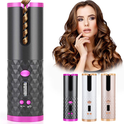 Rizador de pelo automático recargable para mujer, portátil, con pantalla LCD, de cerámica, giratorio y rizado