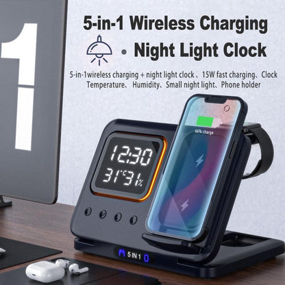 Cargador inalámbrico 15W, estación de carga rápida con despertador digital de 5 In1 LED